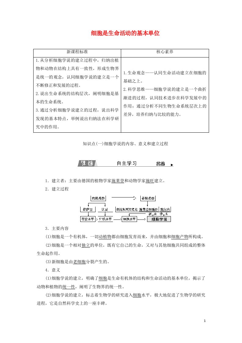 2021_2022年新教材高中生物第1章走近细胞第1节细胞是生命活动的基本单位学案新人教版必修1