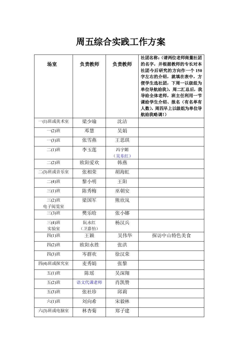 2021学年上学期周五综合实践工作方案