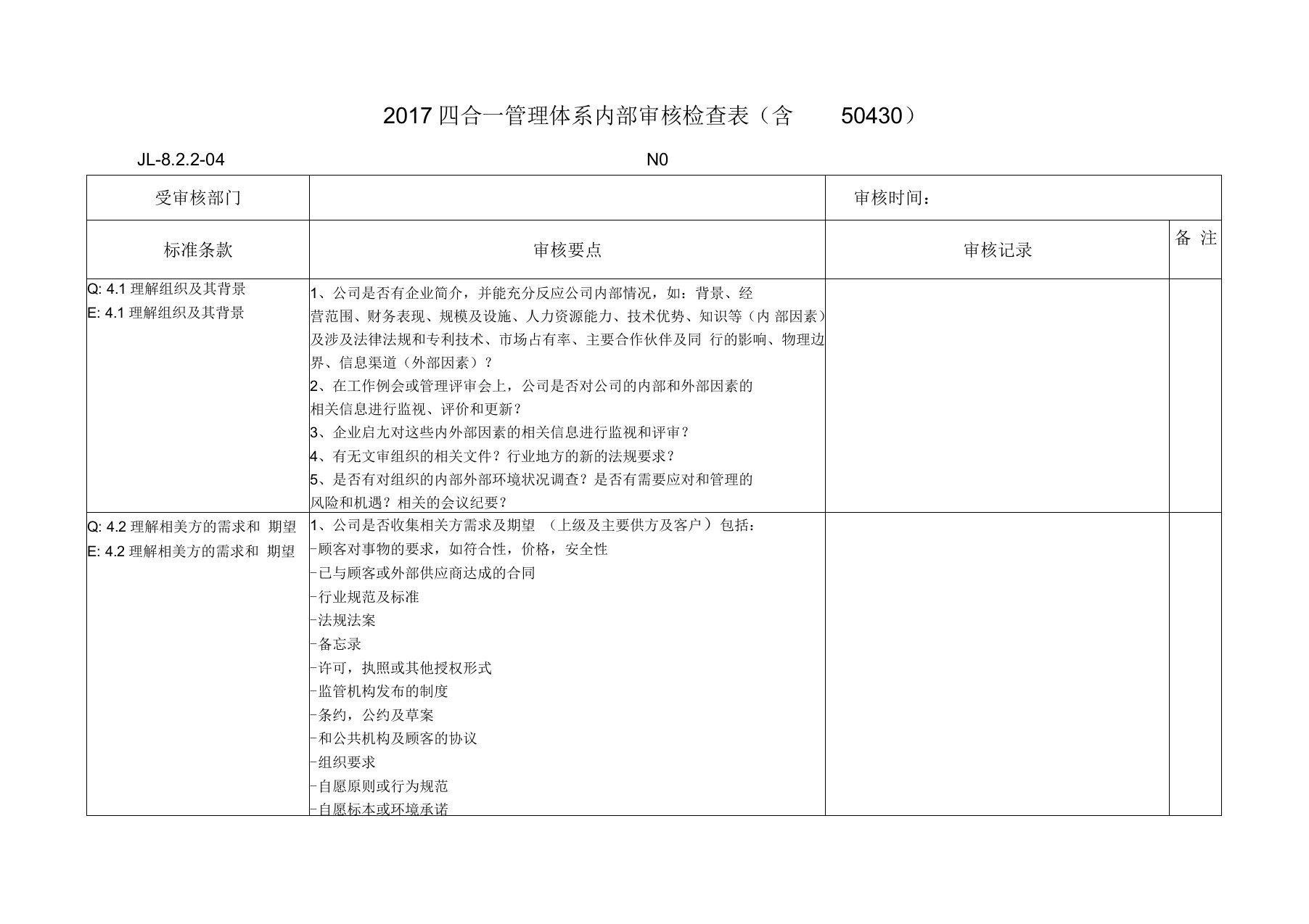 2017四合一内部审核检查表(含50430)