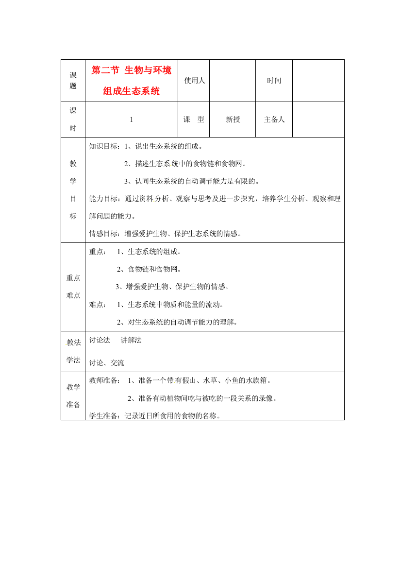 山东省临沭县2012年秋七年级生物《生物与环境组成生态系统》教案