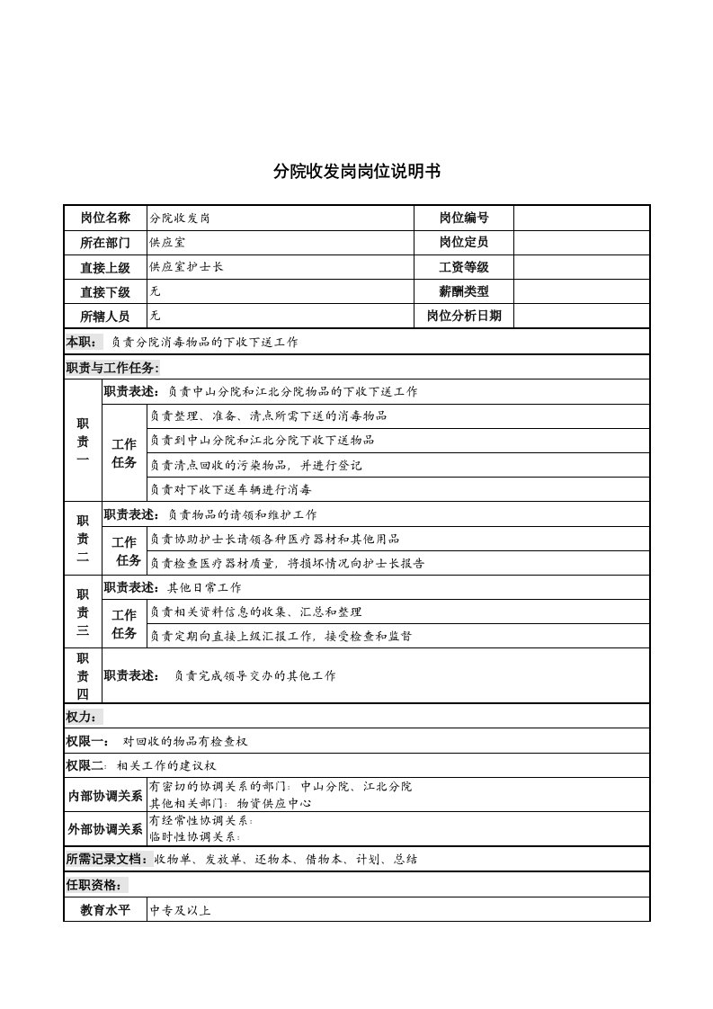 分院收发岗岗位说明书