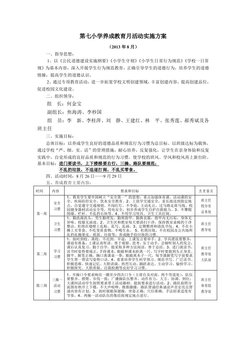 第七小学养成教育月活动实施方案