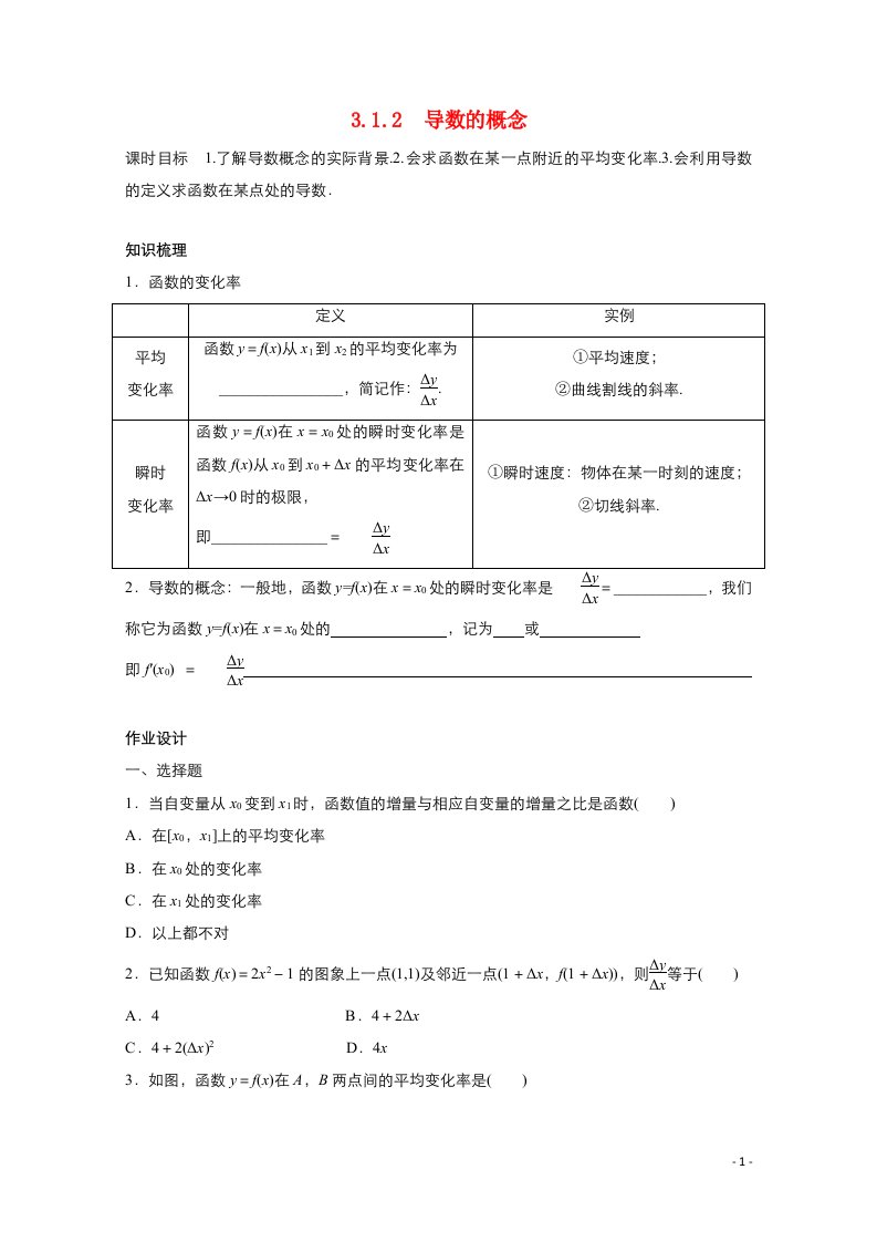 2021_2022学年高中数学第三章导数及其应用3.1.2导数的概念作业1含解析新人教A版选修1_1