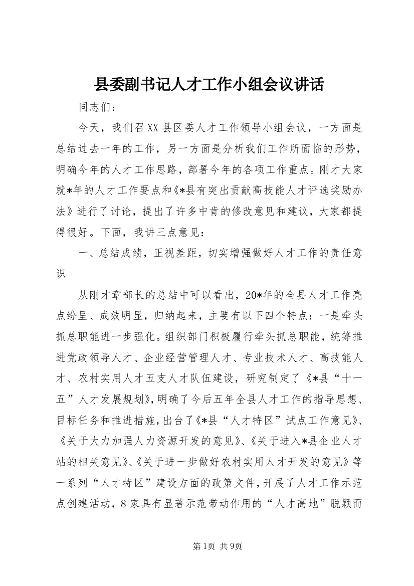 县委副书记人才工作小组会议讲话