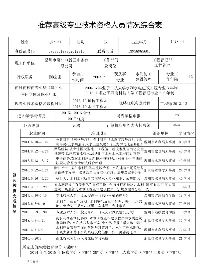 推荐高级专业技术资格人员情况综合表