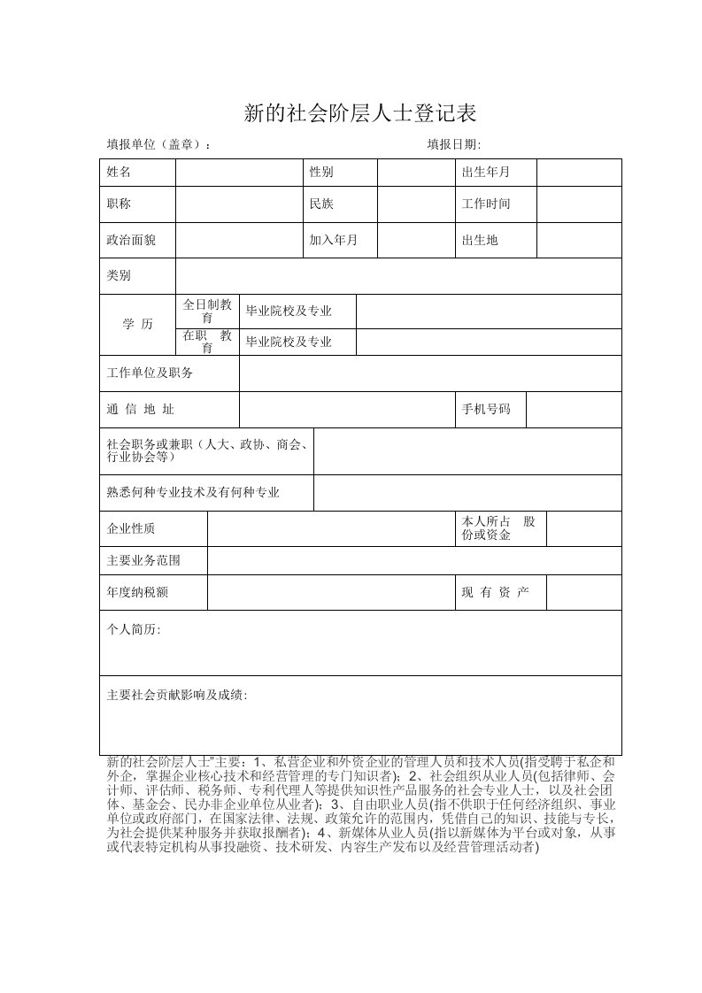 新的社会阶层人士登记表