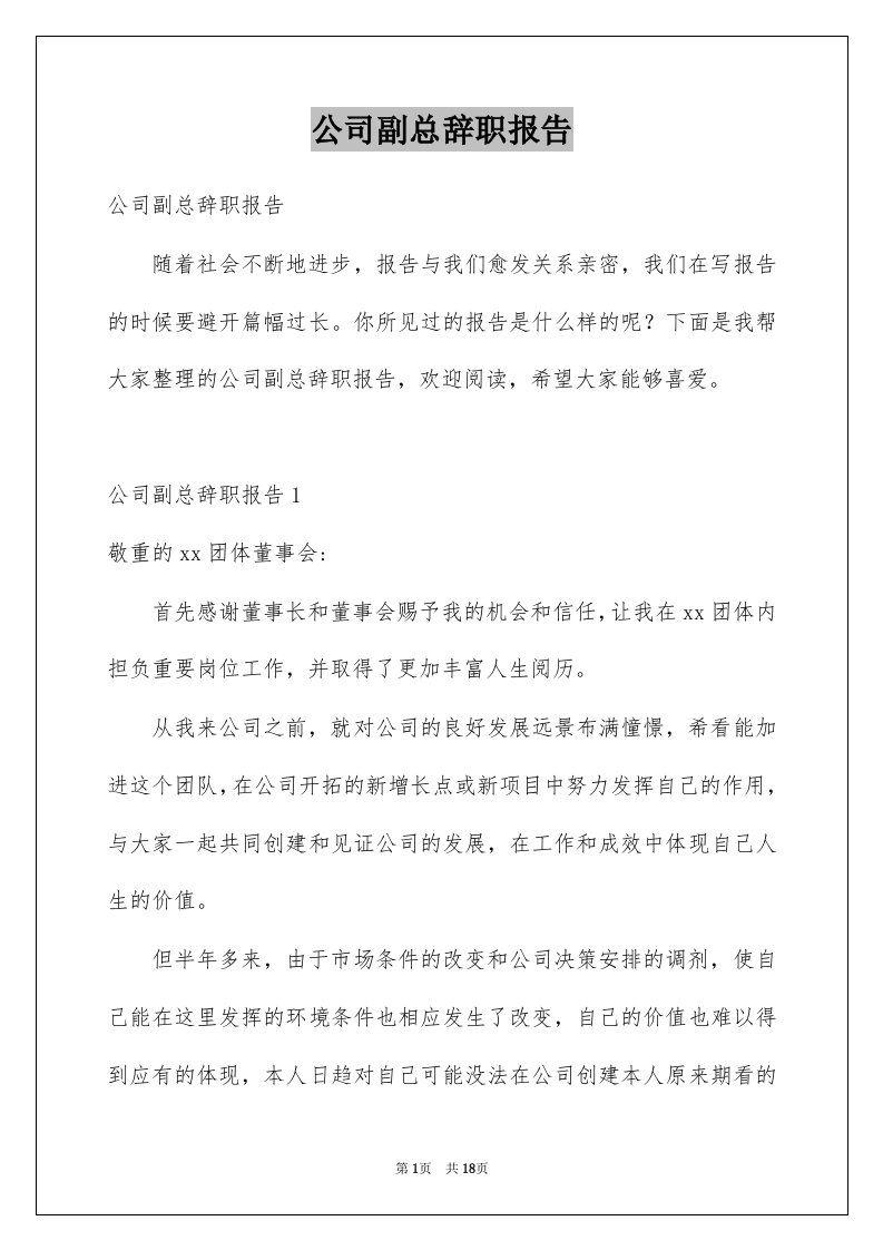 公司副总辞职报告例文