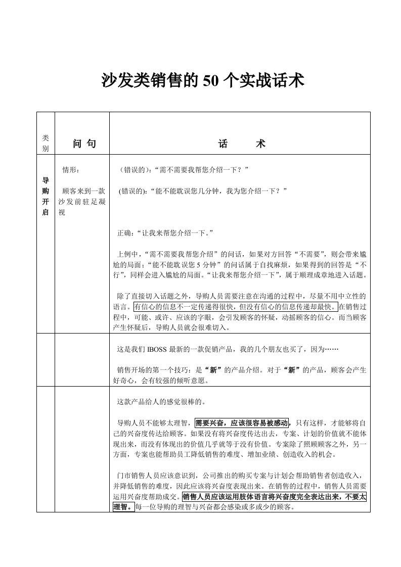 沙发类销售的50个实战话术