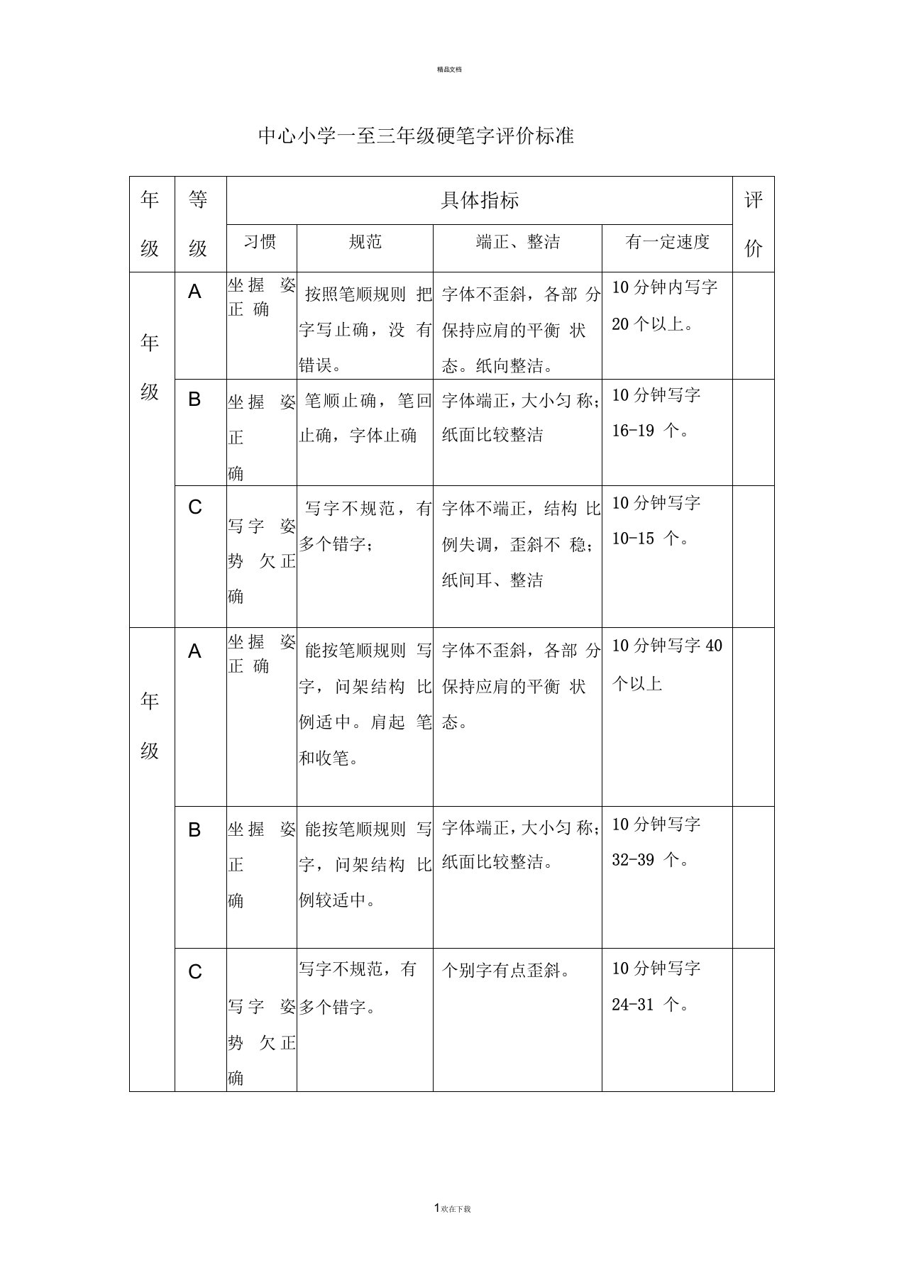 中心小学一至三年级硬笔字评价标准