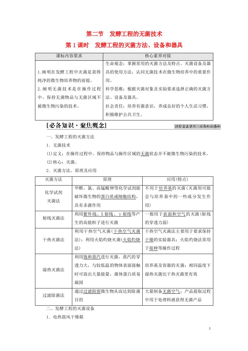 新教材高中生物第1章发酵工程第2节发酵工程的无菌技术第1课时发酵工程的灭菌方法设备和器具教师用书苏教版选择性必修3