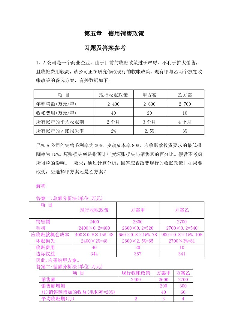 企管第五章信用政策练习题与参考解答