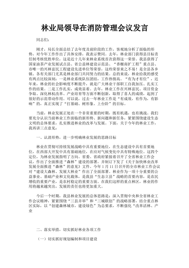 林业局领导在消防管理会议发言