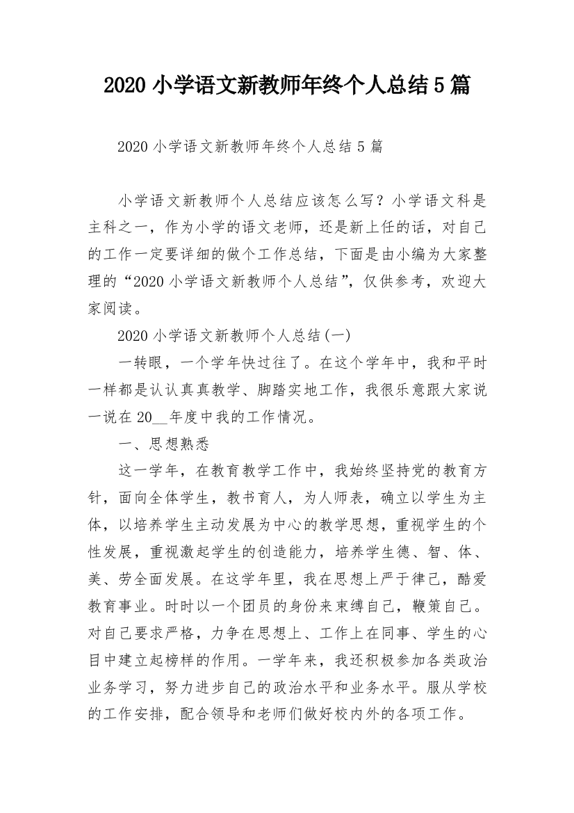 2020小学语文新教师年终个人总结5篇