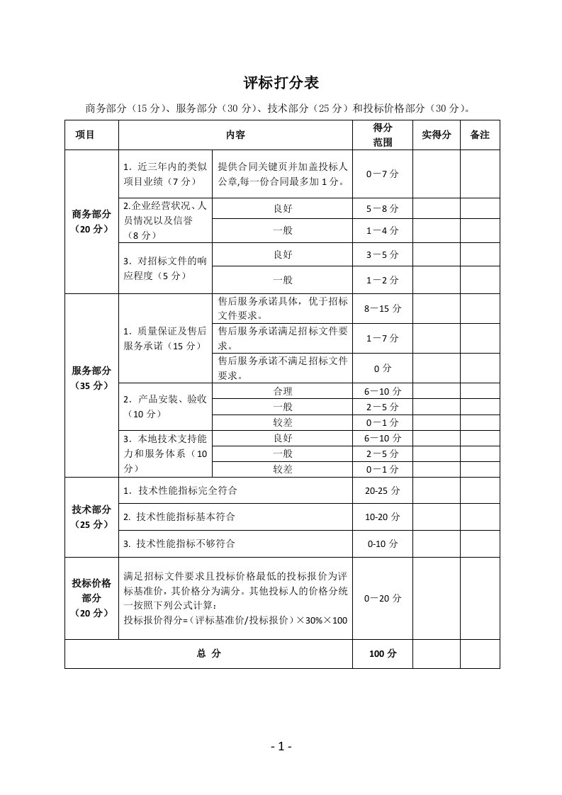 评标打分表