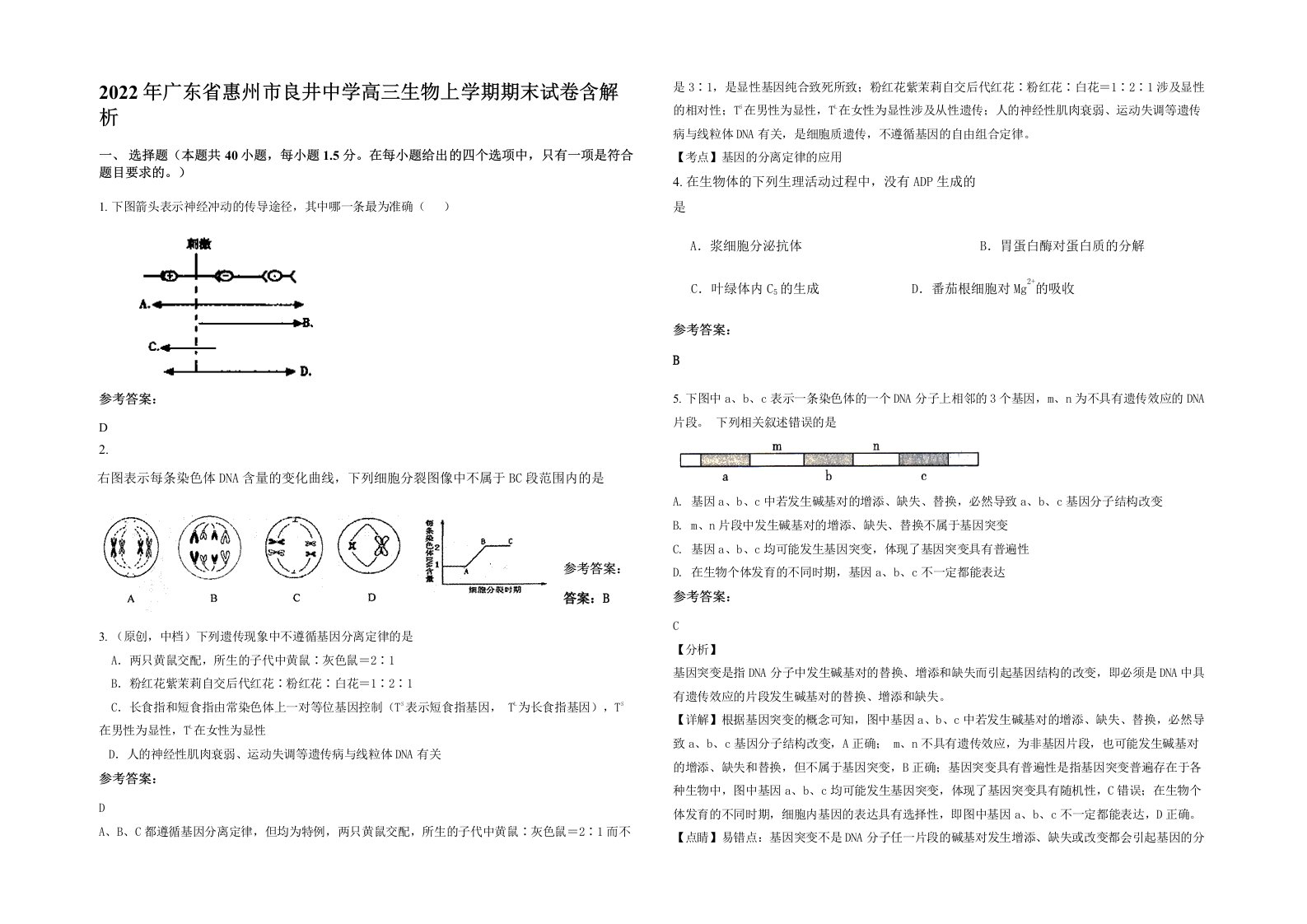 2022年广东省惠州市良井中学高三生物上学期期末试卷含解析