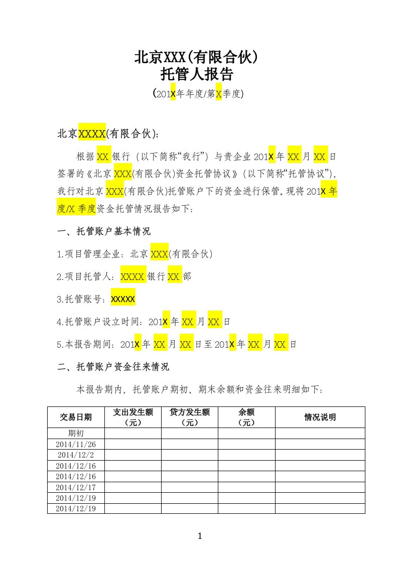 新兴产业创投基金银行托管报告参考模版