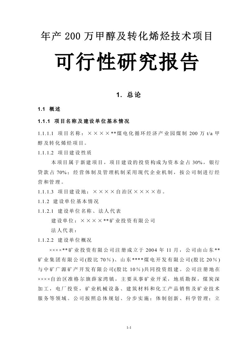 最新年产200万甲醇及转化烯烃技术项目可行性研究报告-完整版