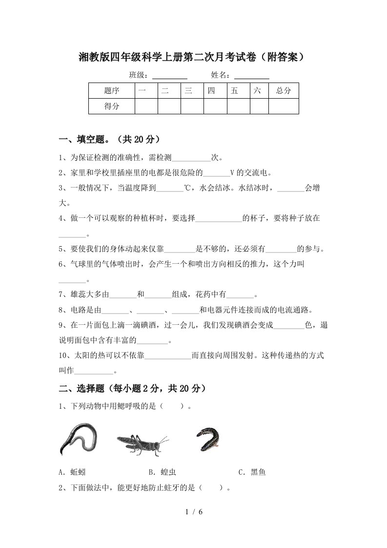 湘教版四年级科学上册第二次月考试卷附答案