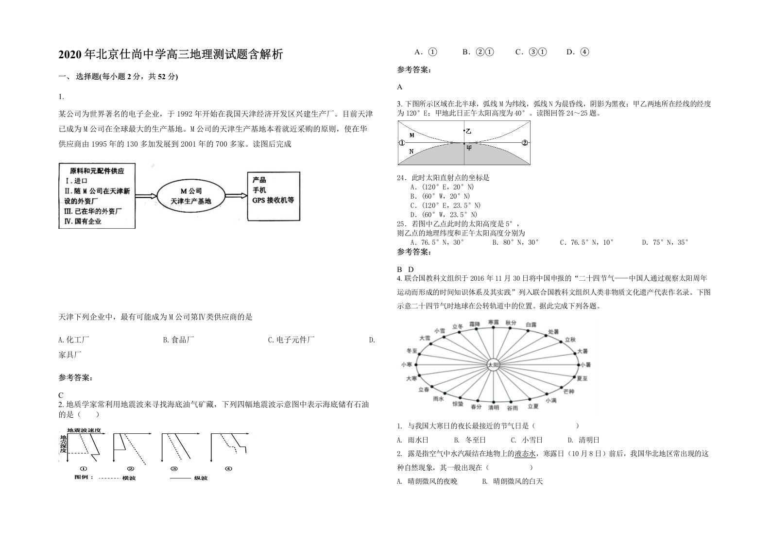 2020年北京仕尚中学高三地理测试题含解析