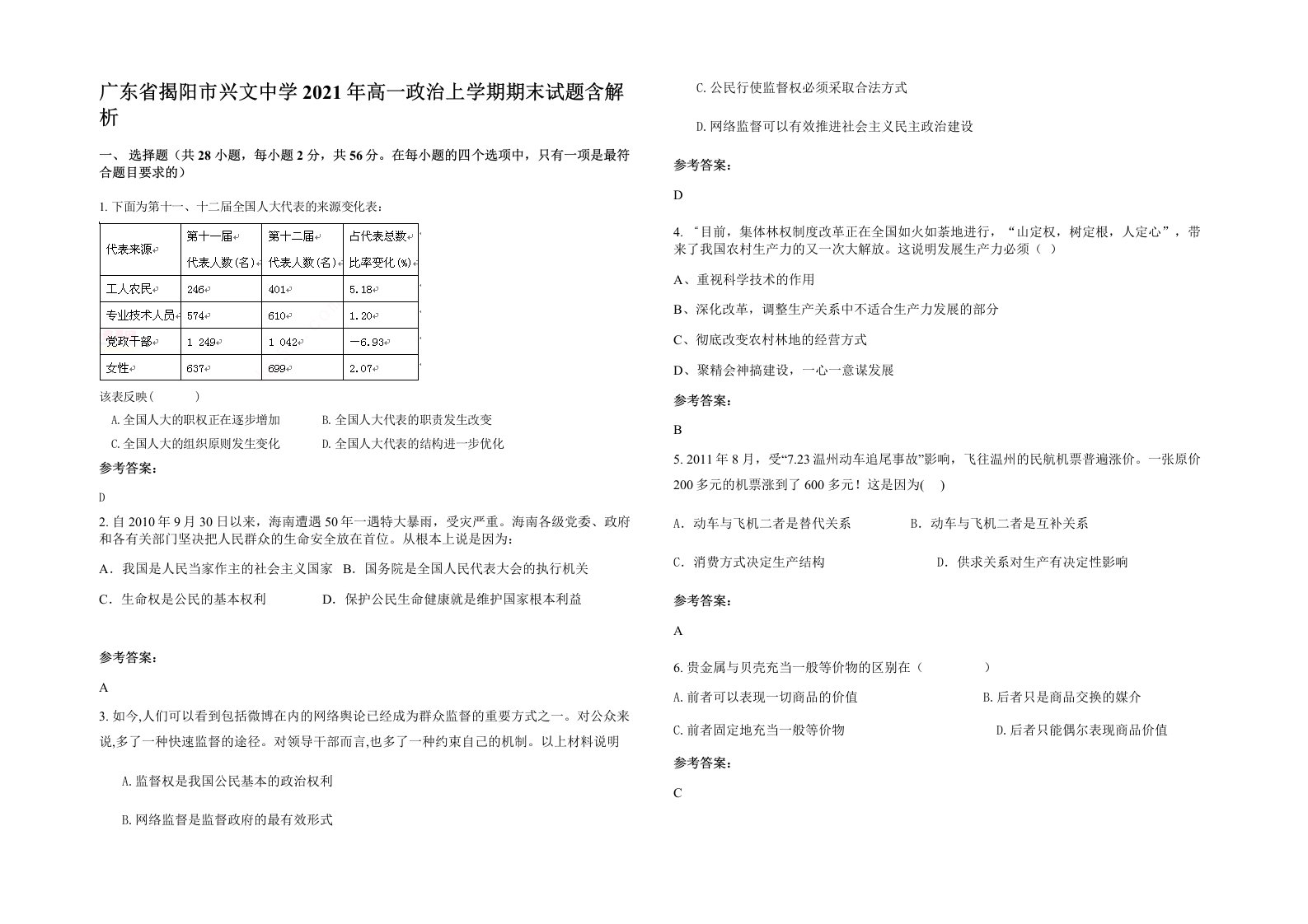 广东省揭阳市兴文中学2021年高一政治上学期期末试题含解析