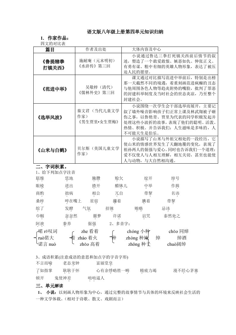 语文版八年级上册第四单元知识归纳