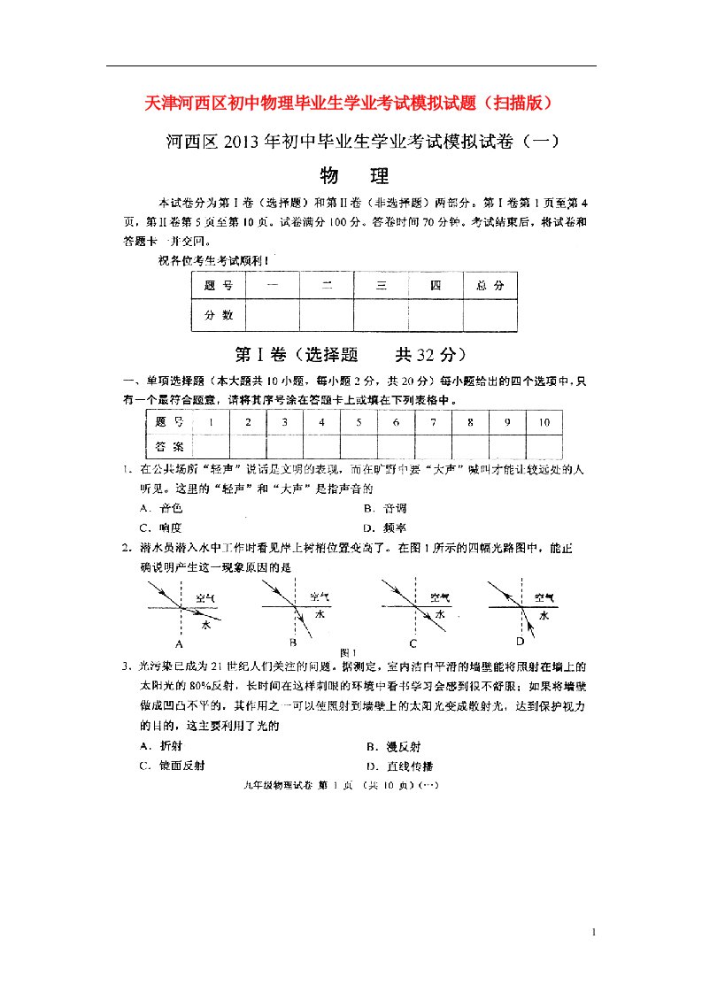 天津河西区初中物理毕业生学业考试模拟试题（扫描版）