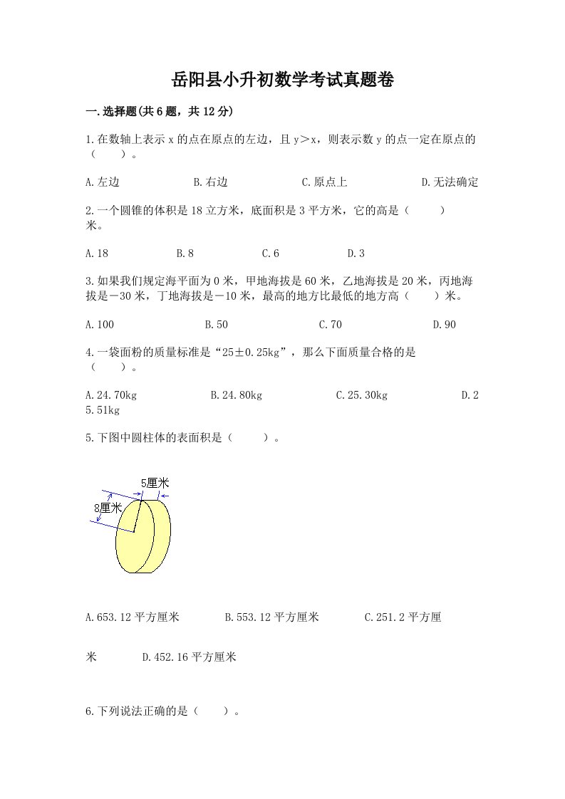 岳阳县小升初数学考试真题卷带答案