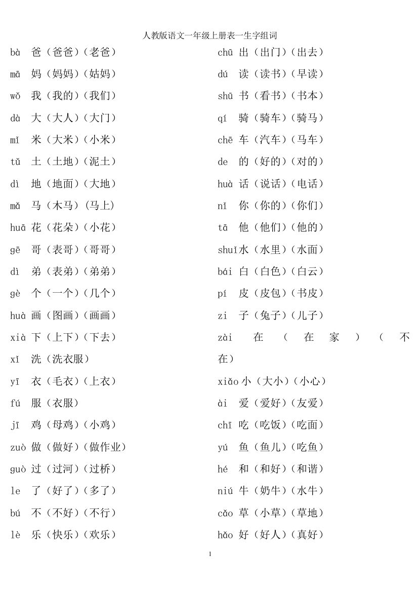 人教版一年级上册语文生字表1二类字