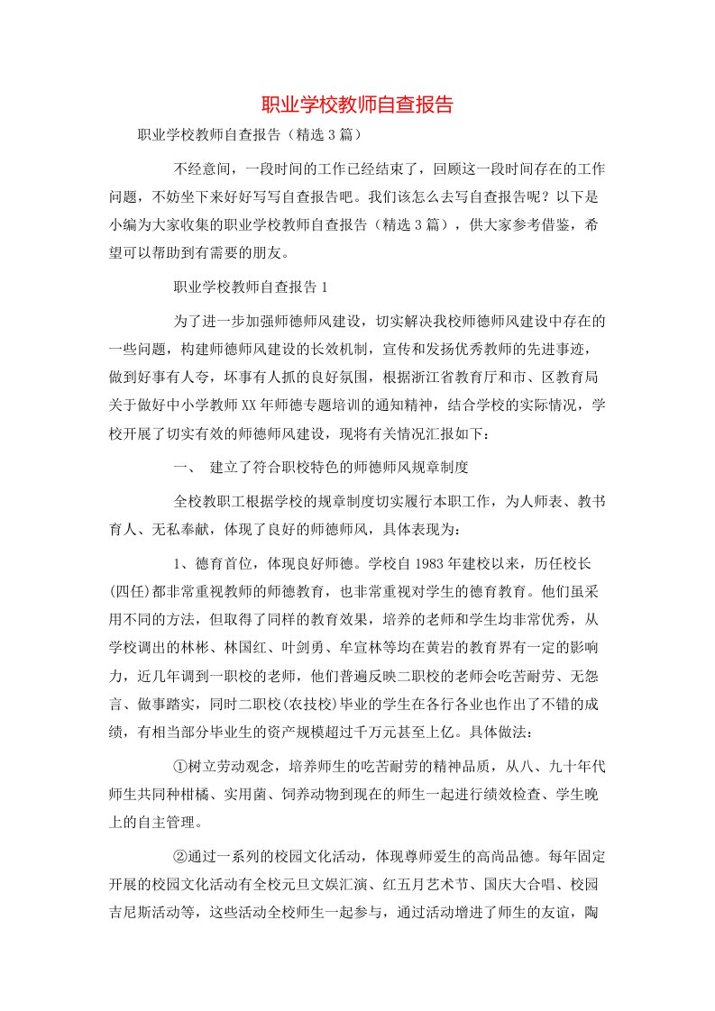 职业学校教师自查报告