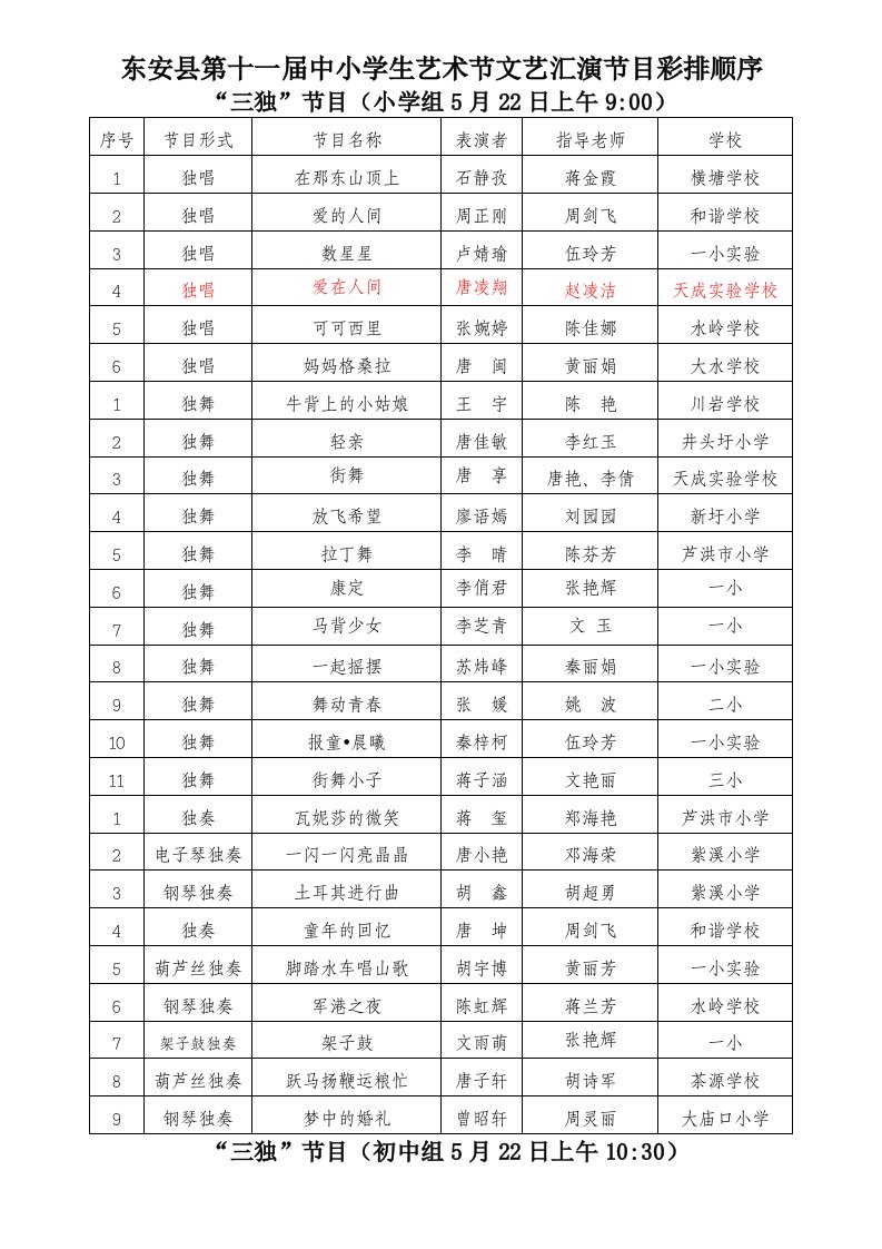 东安县第十一届中小学生艺术节文艺汇演节目(已定)