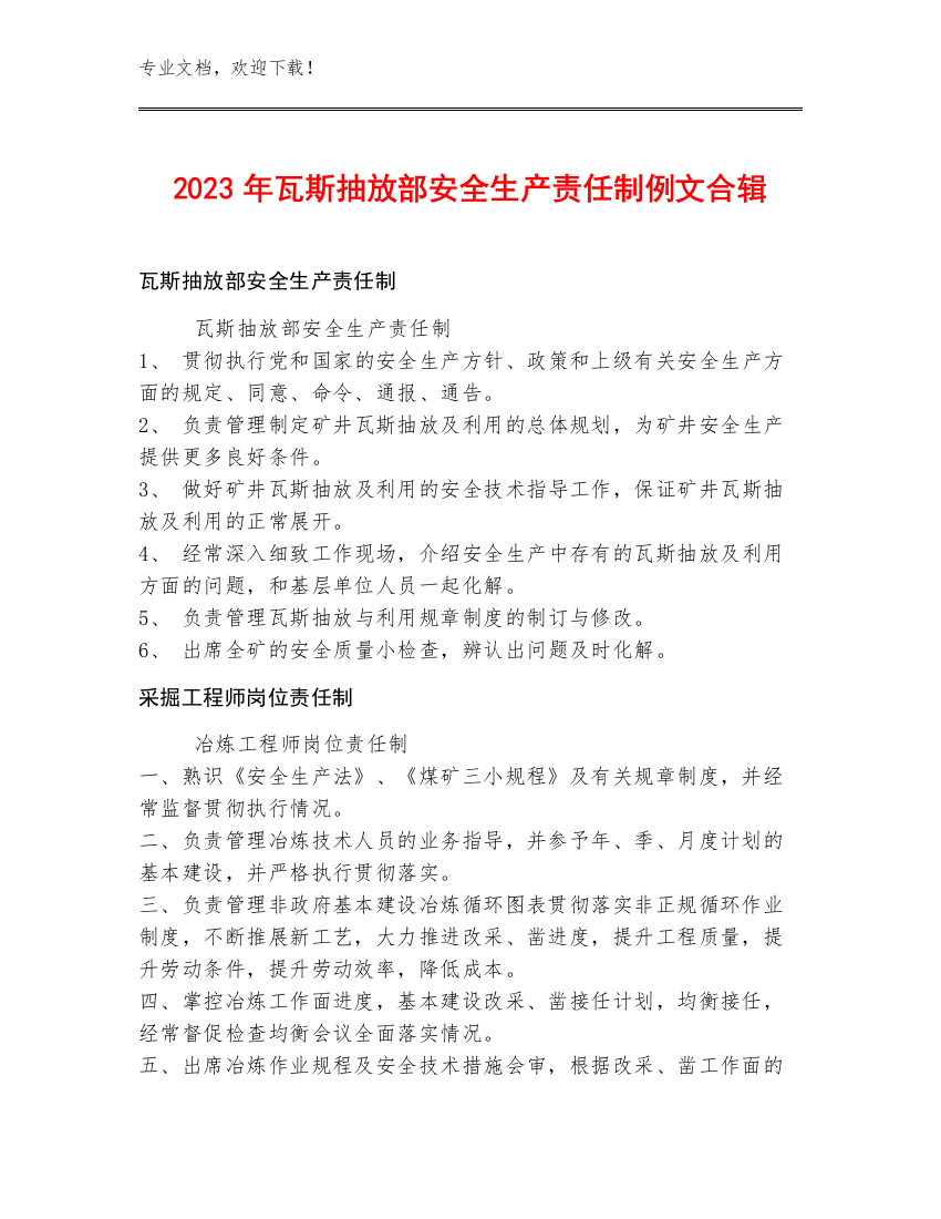 2023年瓦斯抽放部安全生产责任制例文合辑