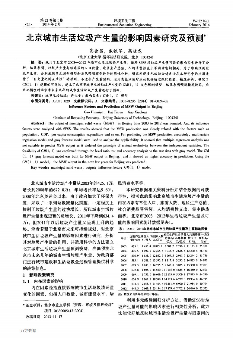 北京城市生活垃圾产生量的影响因素研究及预测