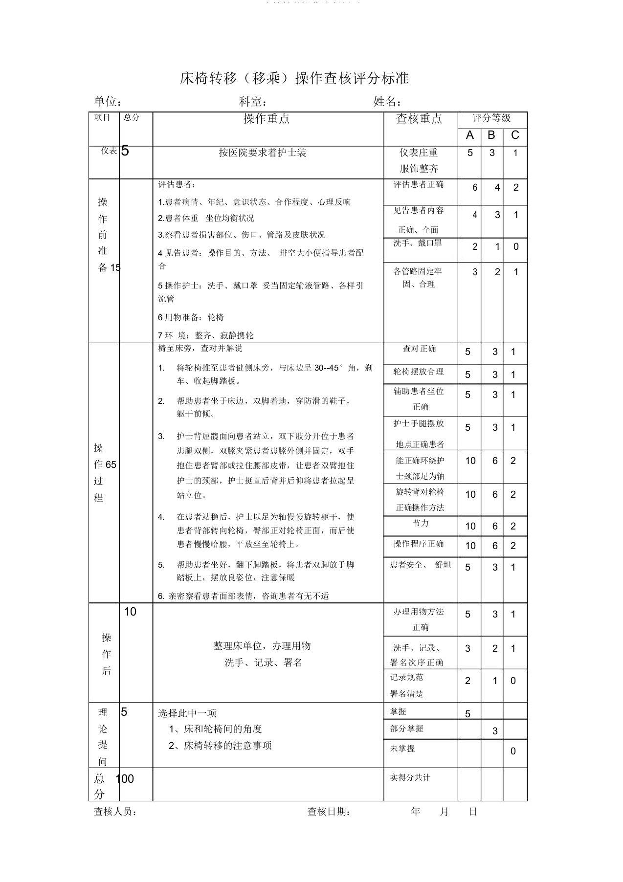 床椅转移操作流程纲要