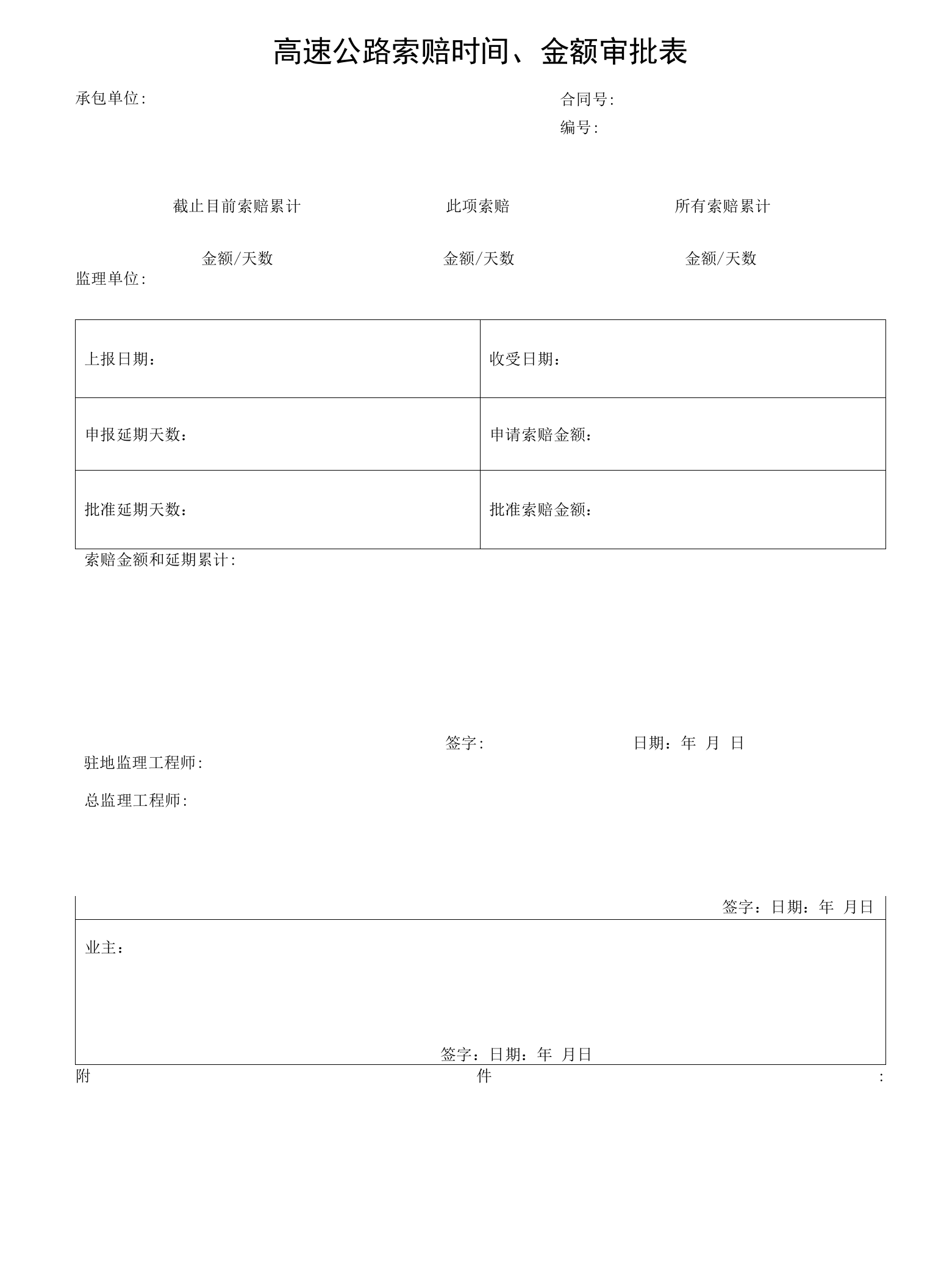 高速公路索赔时间、金额审批表