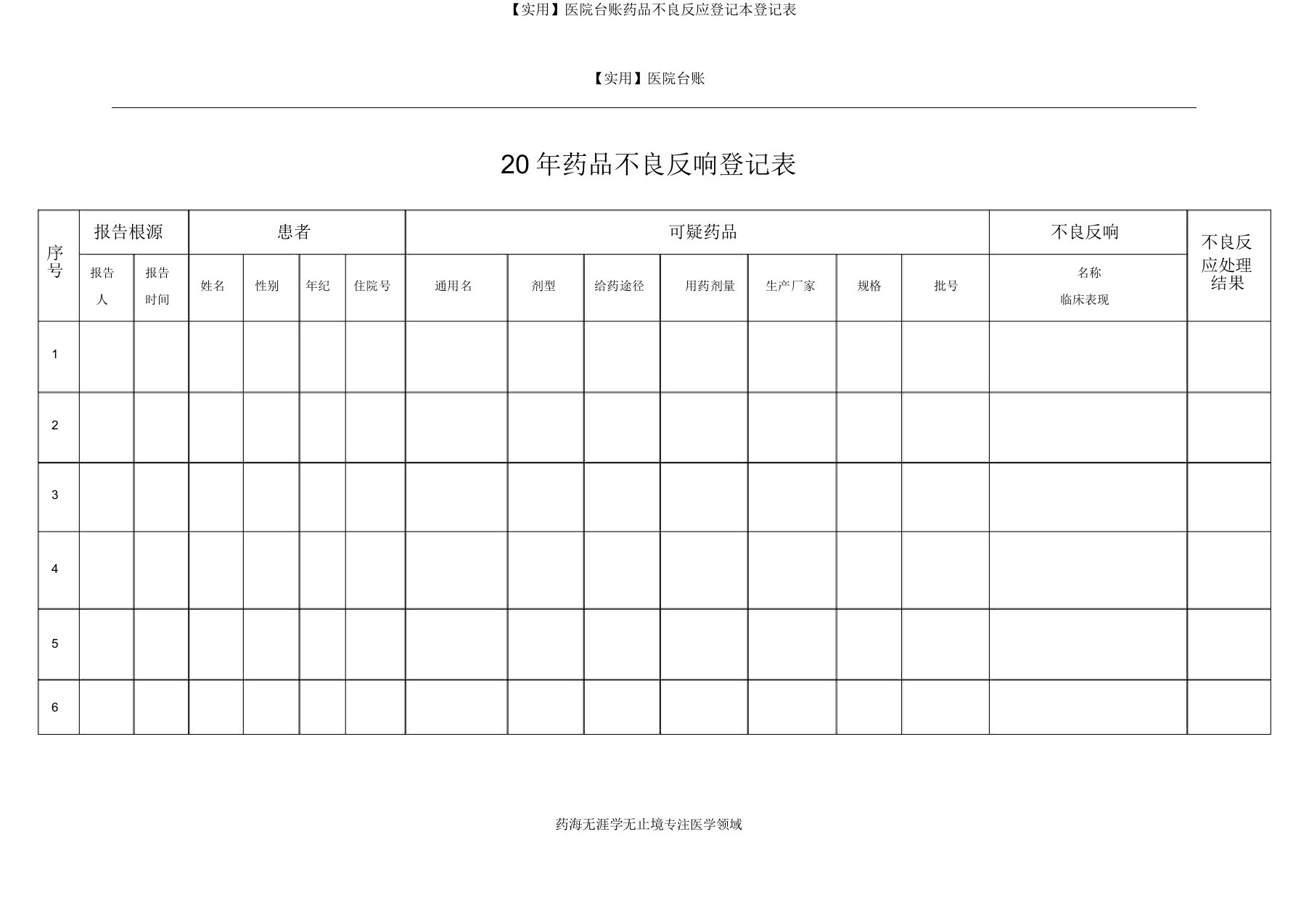 【实用】医院台账药品不良反应登记本登记表