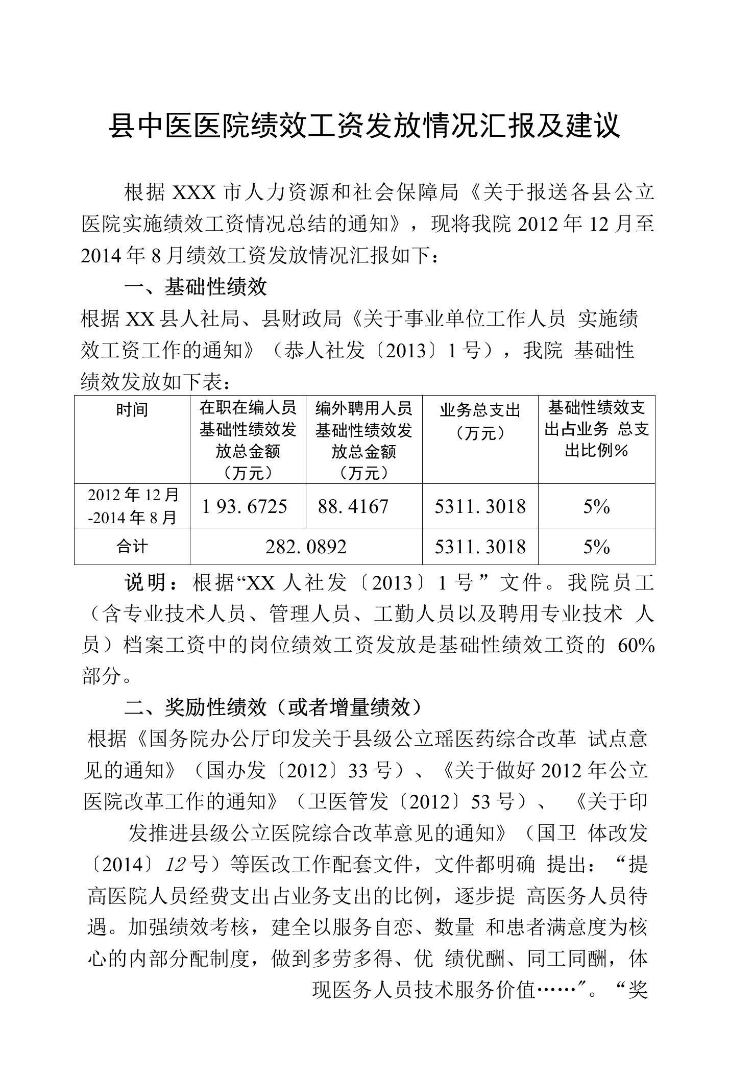 县中医医院绩效工资发放情况汇报及建议(定稿)