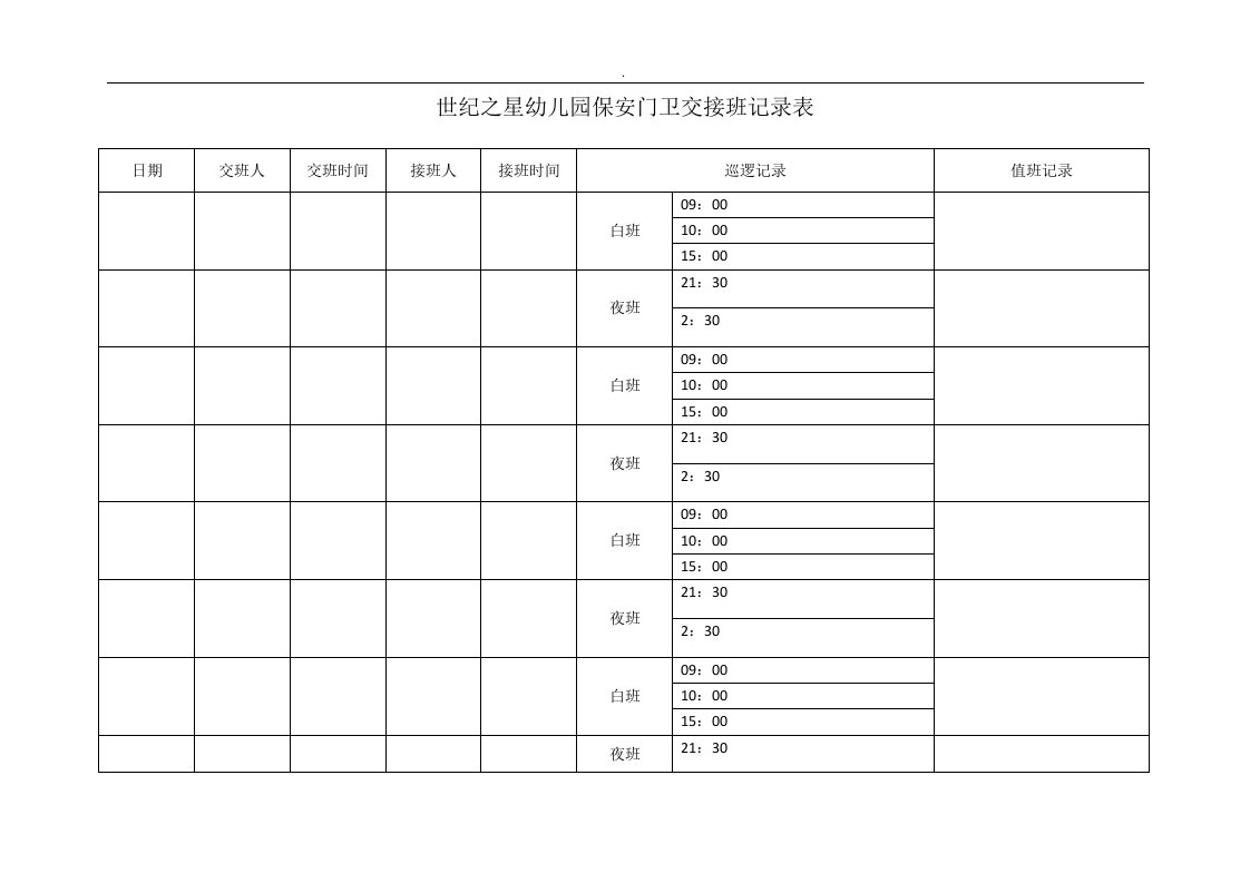 保安门卫交接班记录表精选范文