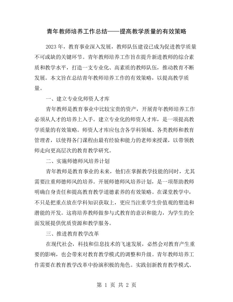 青年教师培养工作总结——提高教学质量的有效策略