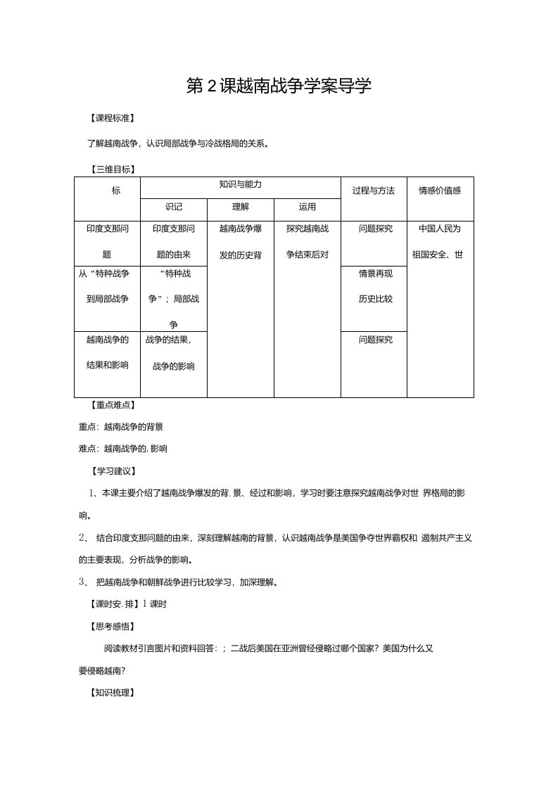 历史：5.2《越南战争》学案（人教新课标版选修三）