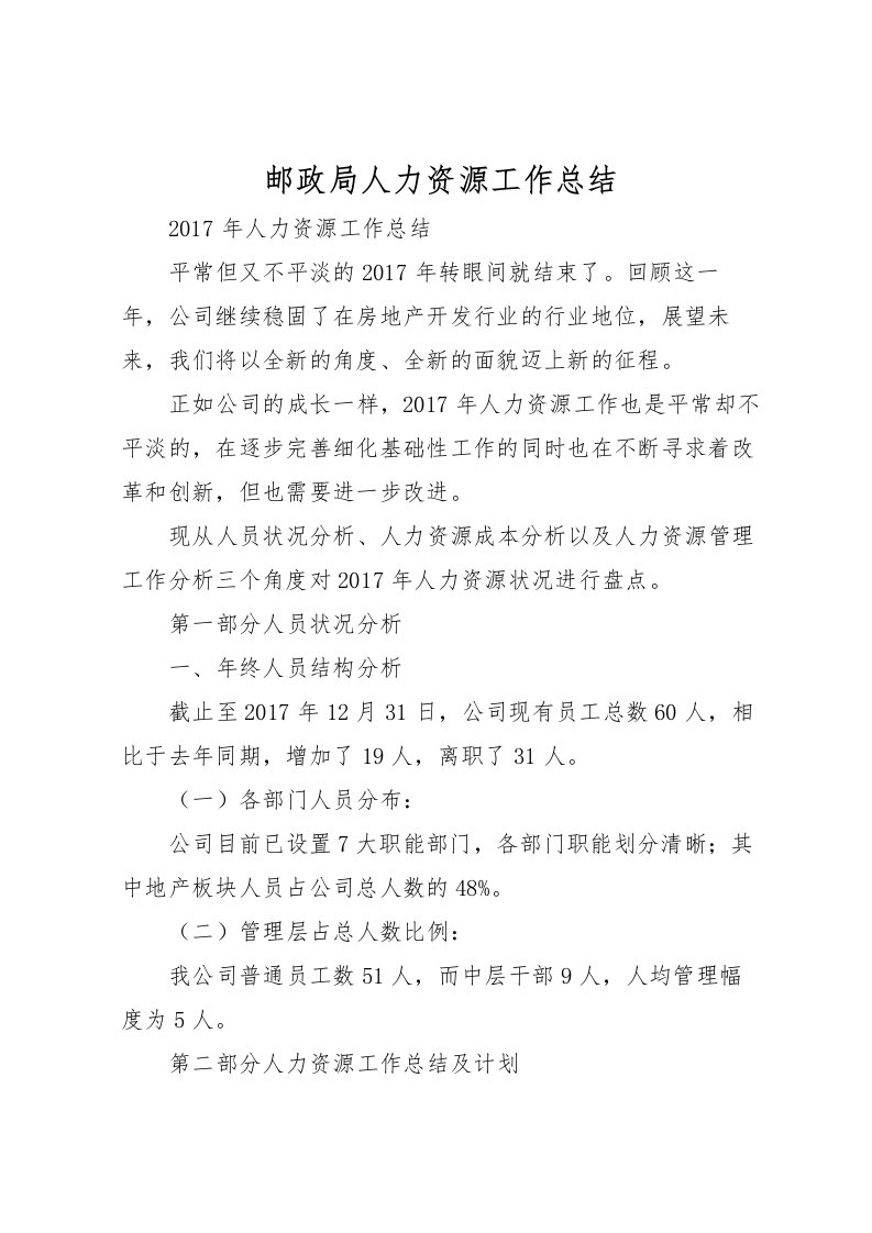 2022-邮政局人力资源工作总结