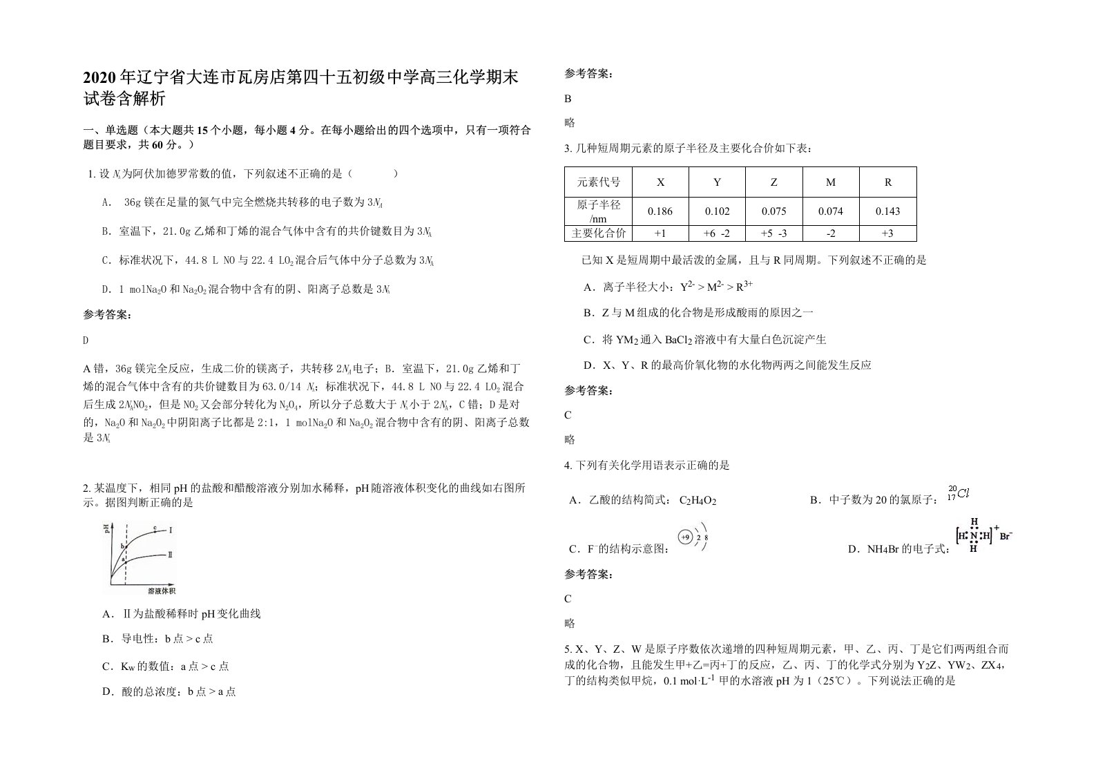 2020年辽宁省大连市瓦房店第四十五初级中学高三化学期末试卷含解析