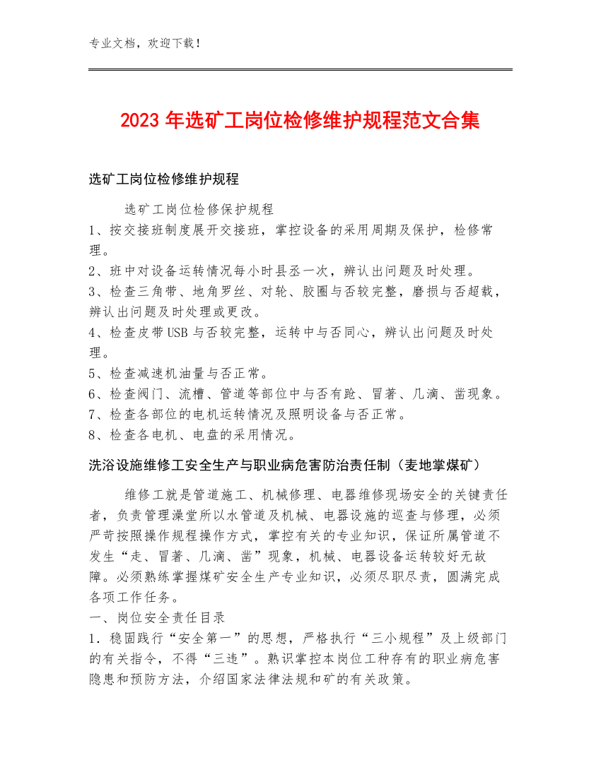 2023年选矿工岗位检修维护规程范文合集