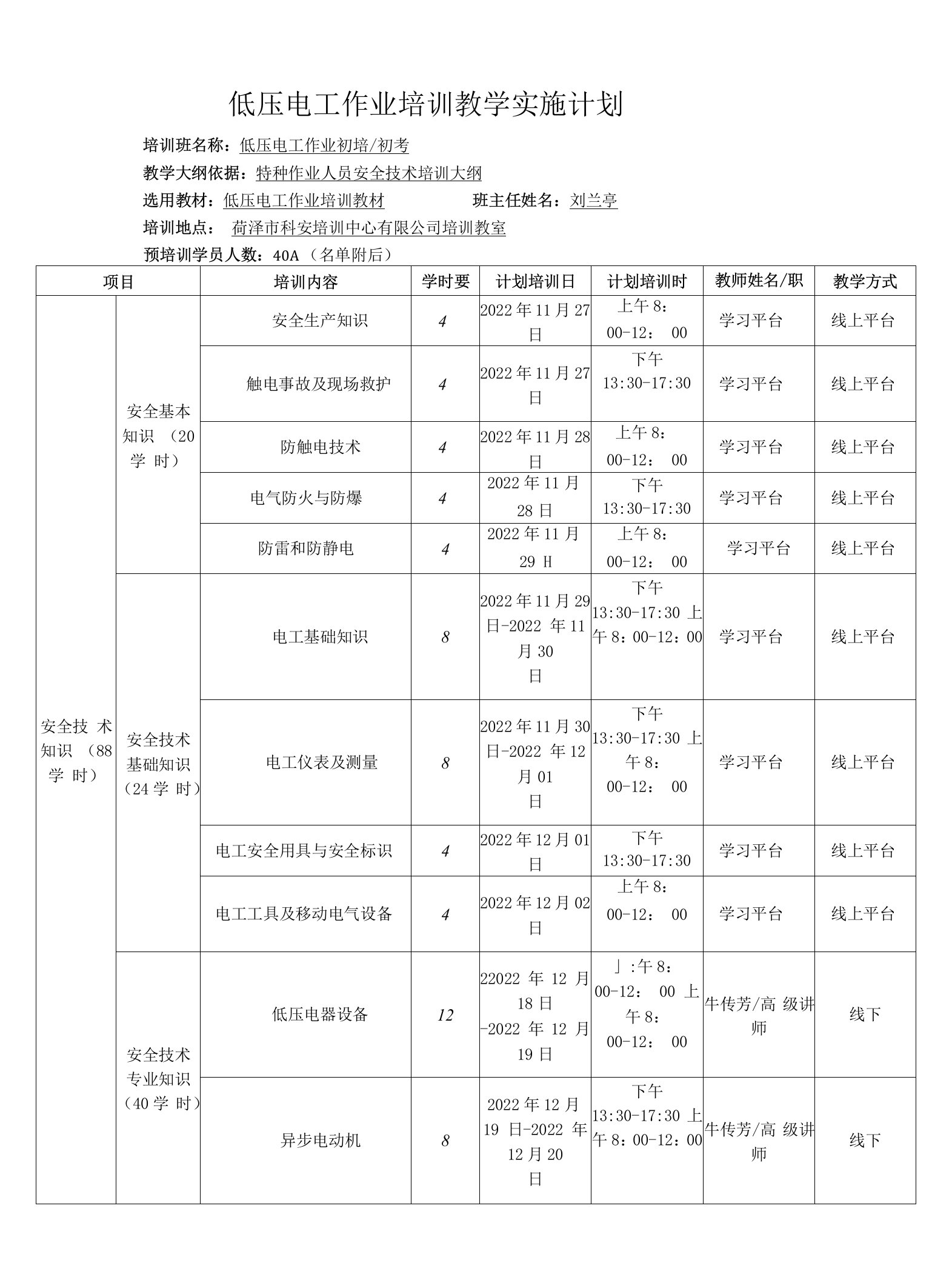 低压电工作业培训教学实施计划培训班名称低压电工作业初培初考