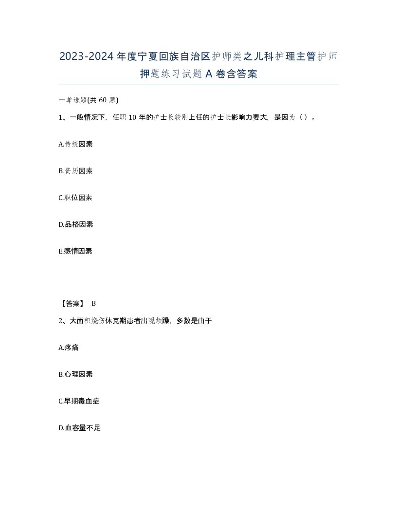 2023-2024年度宁夏回族自治区护师类之儿科护理主管护师押题练习试题A卷含答案