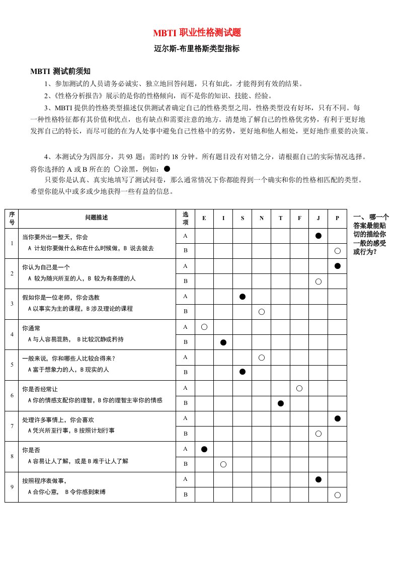 MBTI职业性格测试题