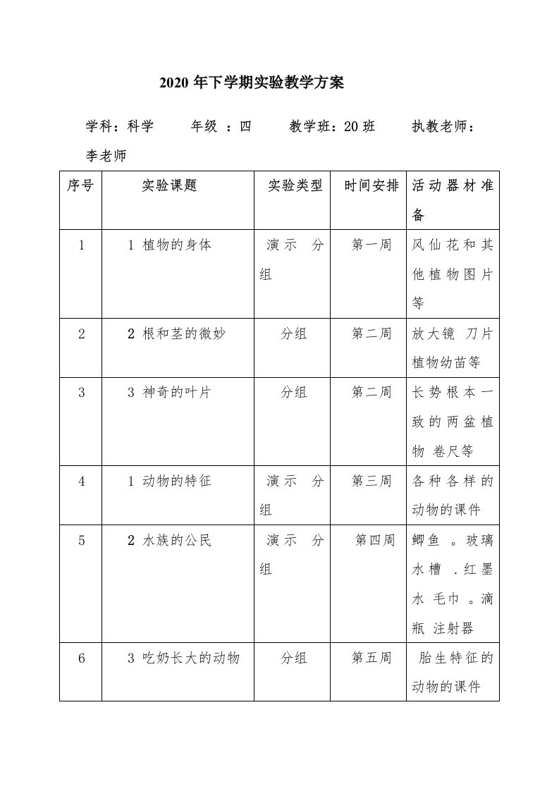 湘科版四年级上册科学实验计划