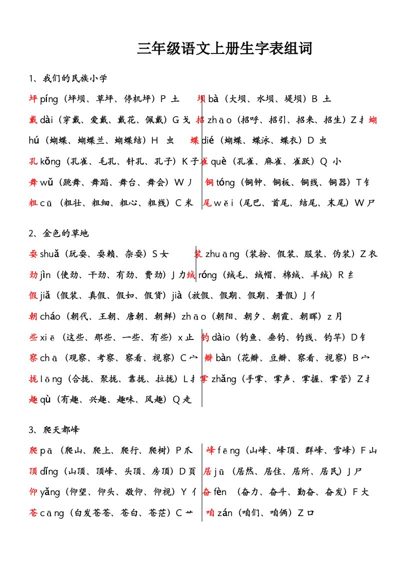 三年级语文上册生字表组词音序部首