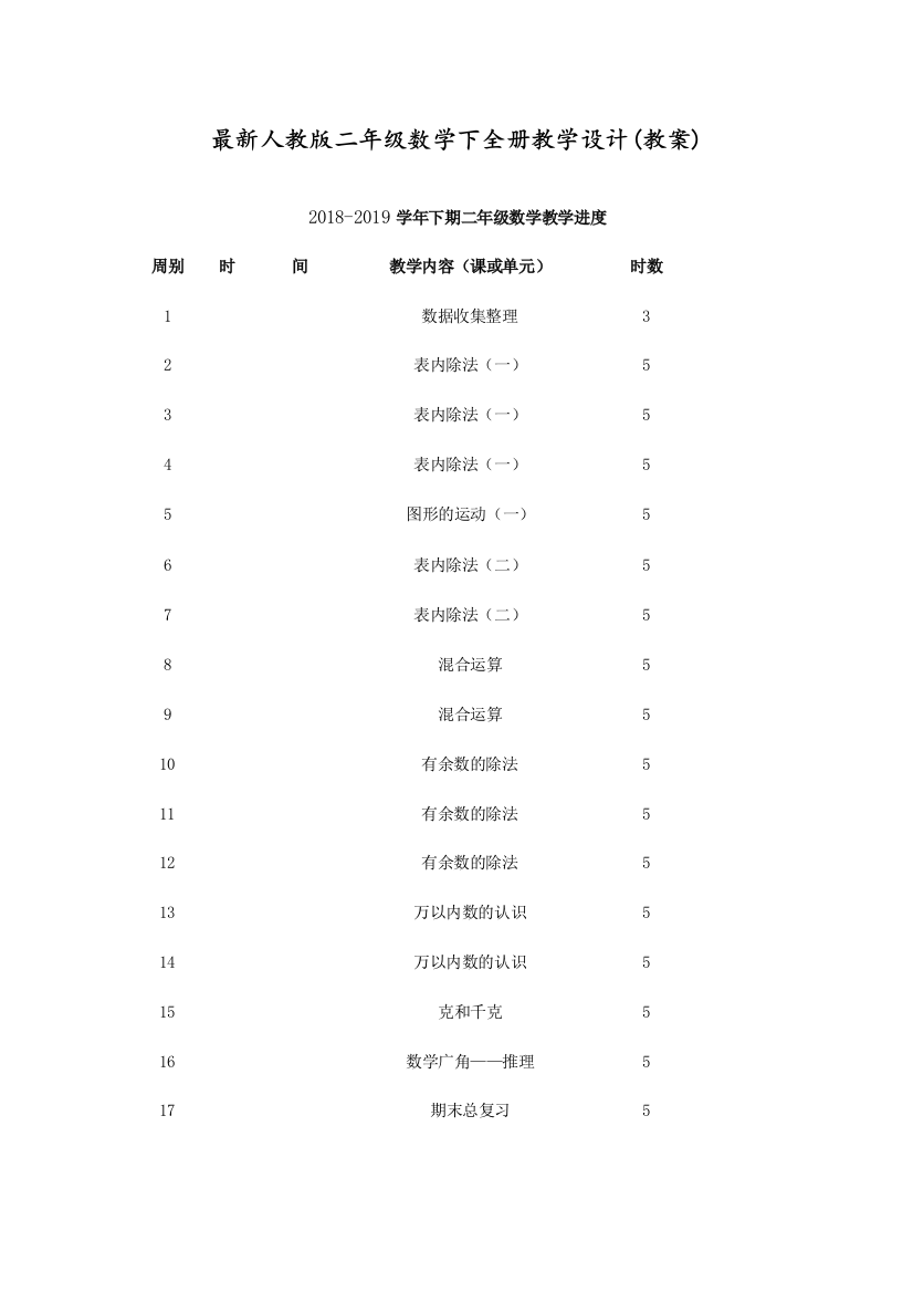 人教版二年级数学下全册教学设计(教案)-