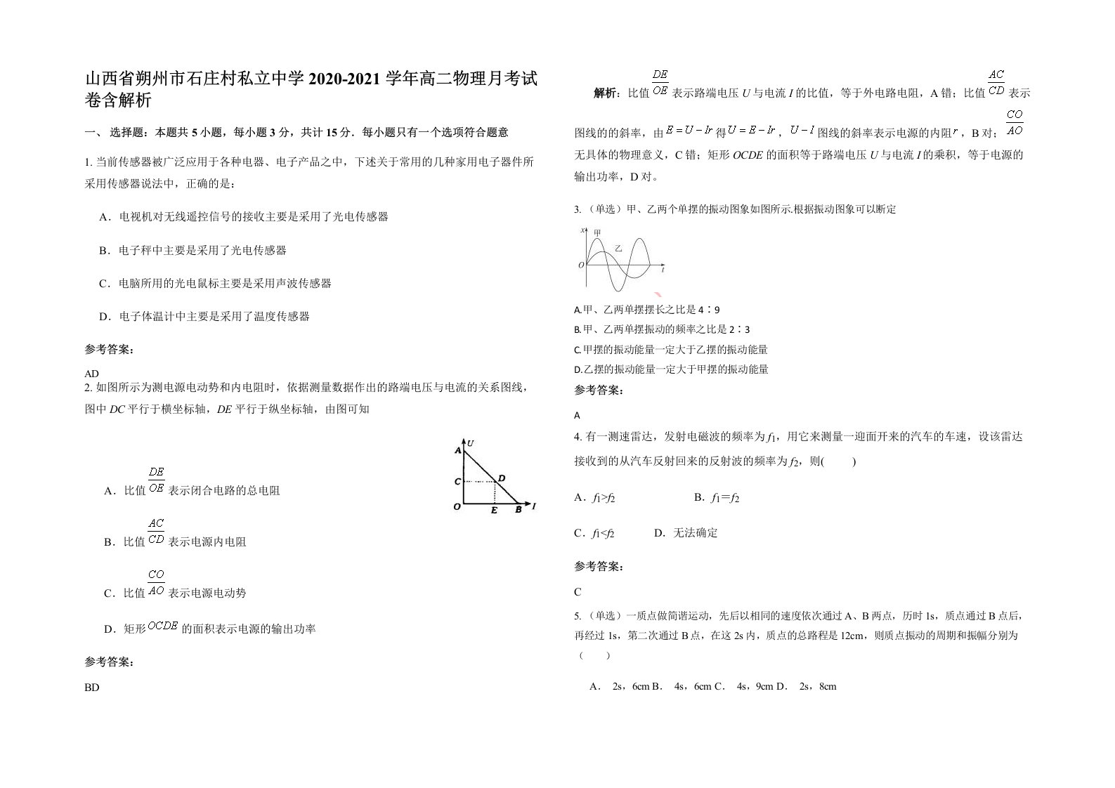 山西省朔州市石庄村私立中学2020-2021学年高二物理月考试卷含解析