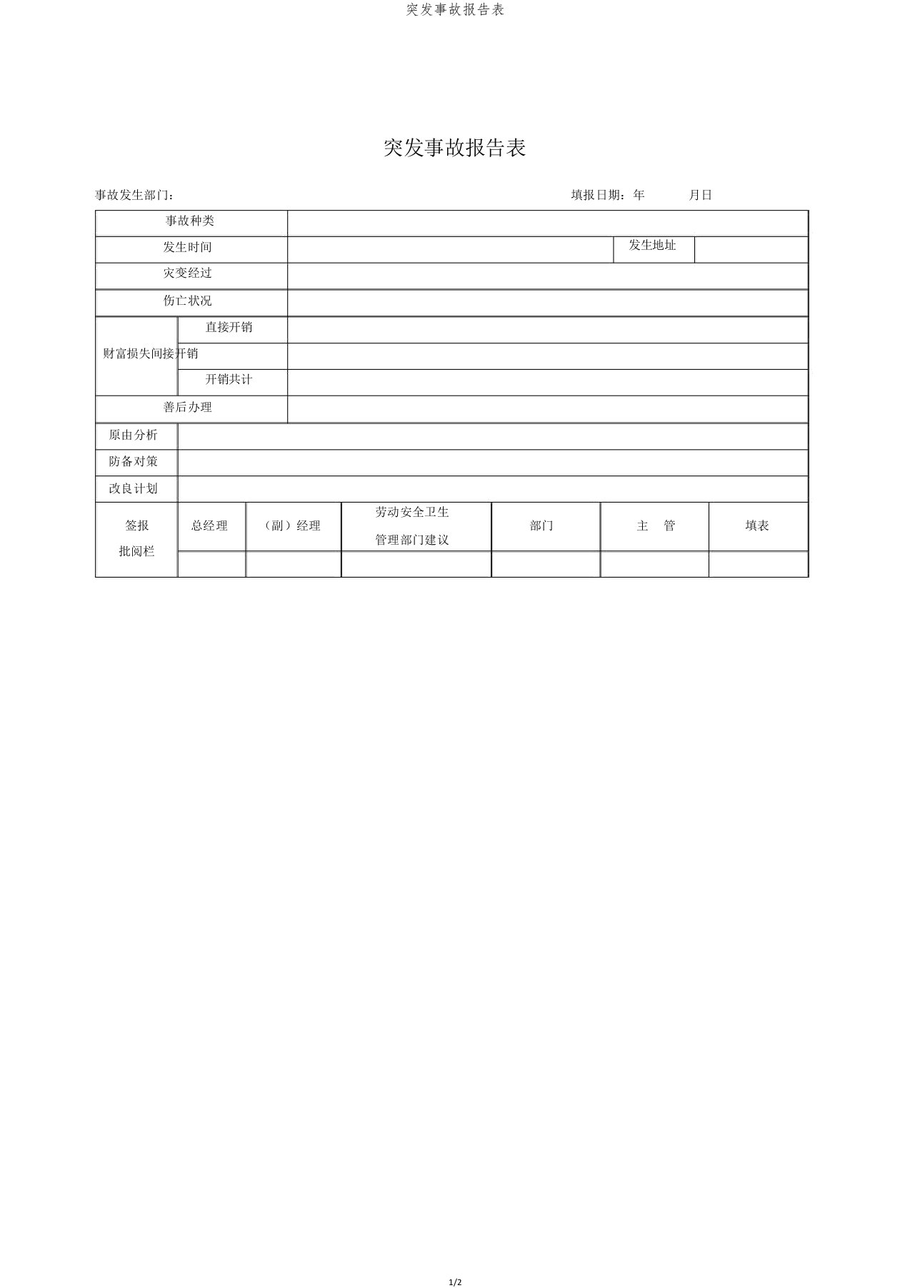 突发事故报告表